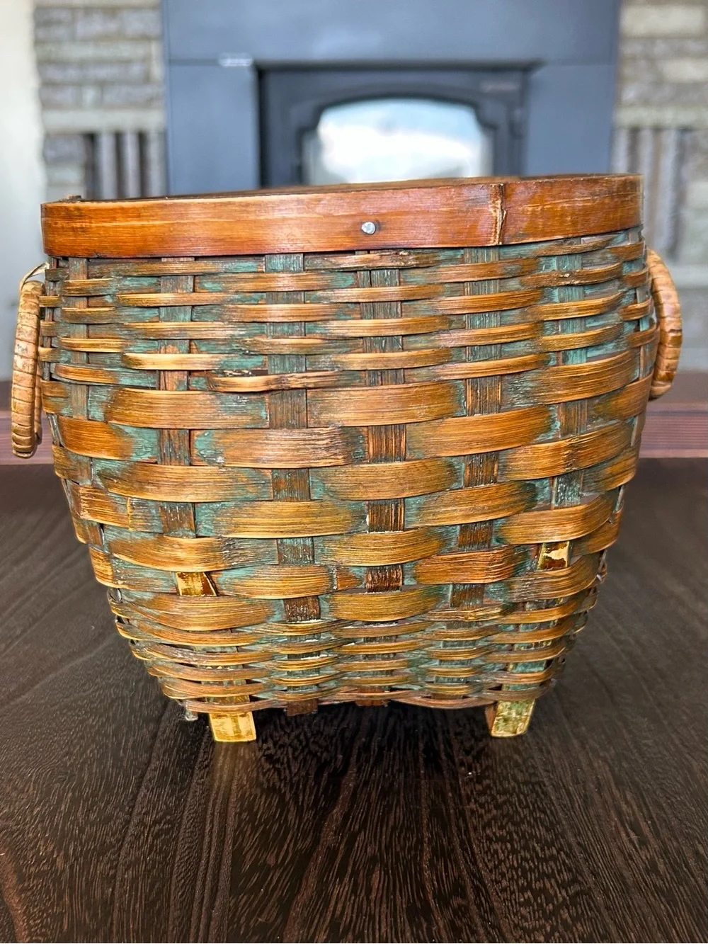 Vintage Handmade Split Wood Basket Planter Turquoise Patina Footed Boho Decor